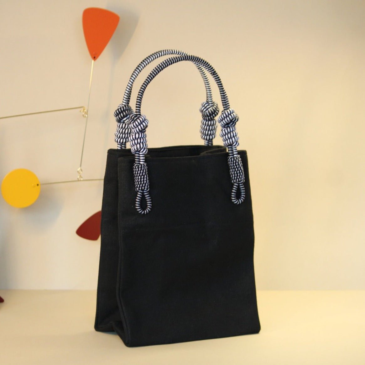 AnimazulSequence CollectionSequence Collection - 2 Knot Handle Small Tote - Black Canvas & Black & White Handle