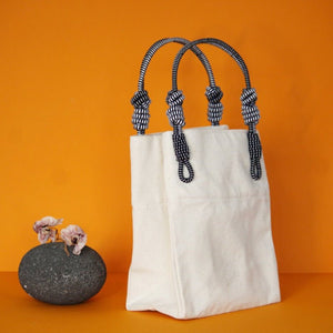 AnimazulSequence CollectionSequence Collection - 2 Knot Handle Small Tote - White Canvas & Black & White Handle