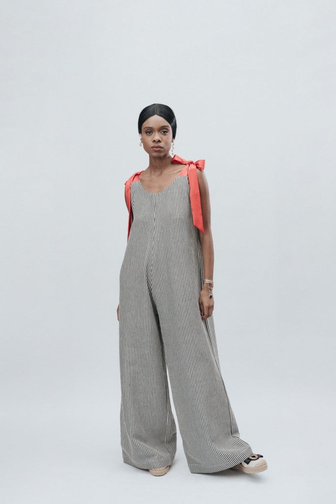 AnimazulVictoria RiveraVictoria Rivera - Striped Jumpsuit - Black, Orange & White with Orange Ribbon